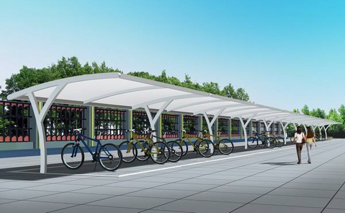 一處白色頂棚的停車棚張拉膜結構工程