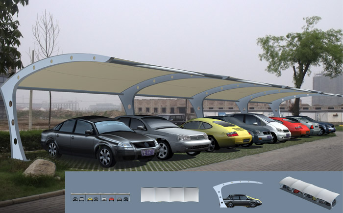 一處馬路旁的停車棚張拉膜結構工程
