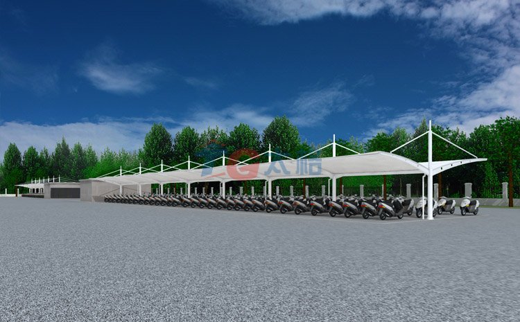 雙側(cè)斜拉膜結(jié)構(gòu)電動車棚效果圖